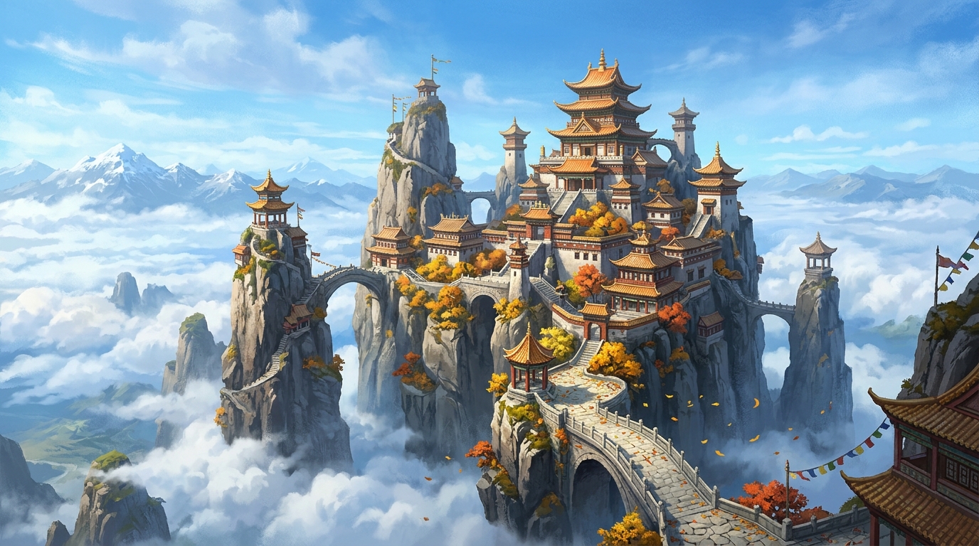 High mountain temple sanctuary above the clouds