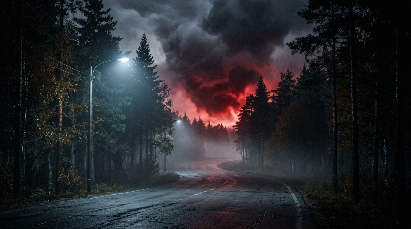 Deserted Hawkins forest road at night under an eerie crimson storm sky