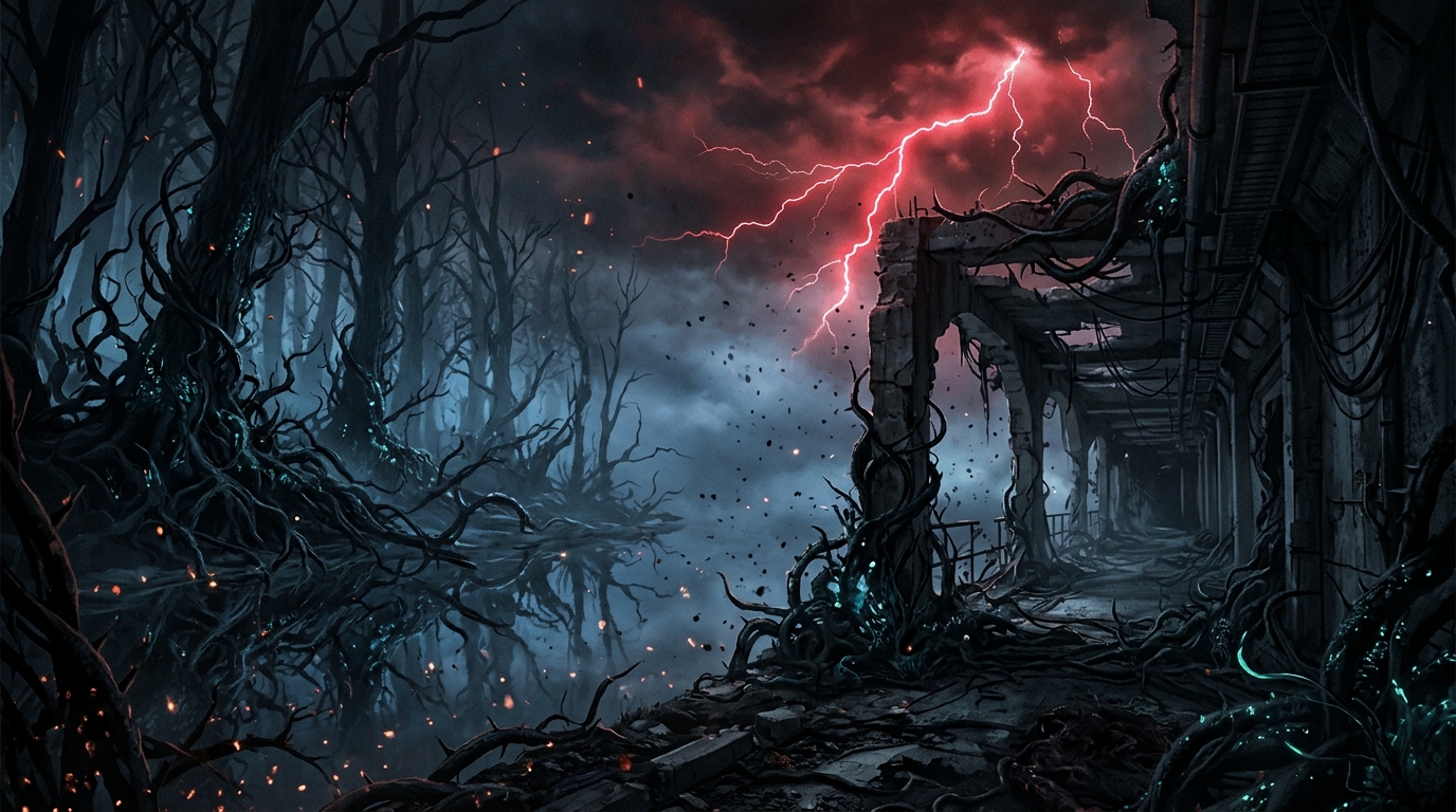The Upside Down dimension with creeping organic tendrils and crimson lightning